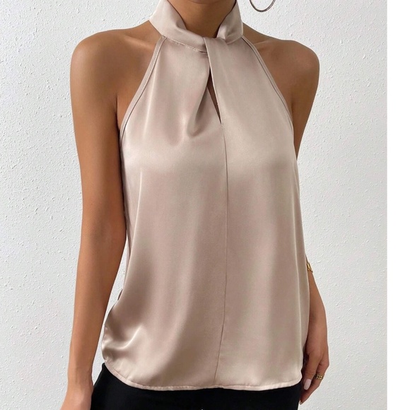 Luxe Champagne Satin Halter Minimalist Tank Top - Picture 15 of 15